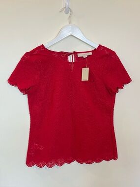 Loft Embroidered Lace Overlay Top Womens XSP NWT Sheer Deep Red Holiday